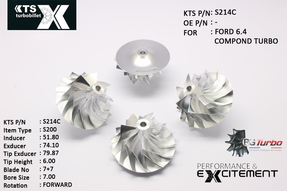 Turbo ROUE FORGÉE MFS PERFORMANCE - 7+7 PALES - INDUCER : 51,8 - EXDUCER : 74,1 - TYPE : S200ANGLE : 60° - ROTATION : Forward - SUPER BACK : 6,05 - BORE SIZE : 7

